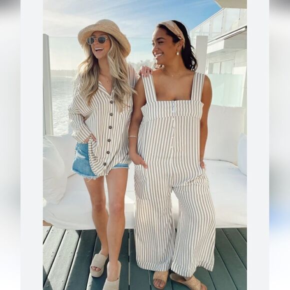 New Show Me Your Mumu Round Around Jumpsuit Everyday Beige Striped Size Large - Picture 10 of 13